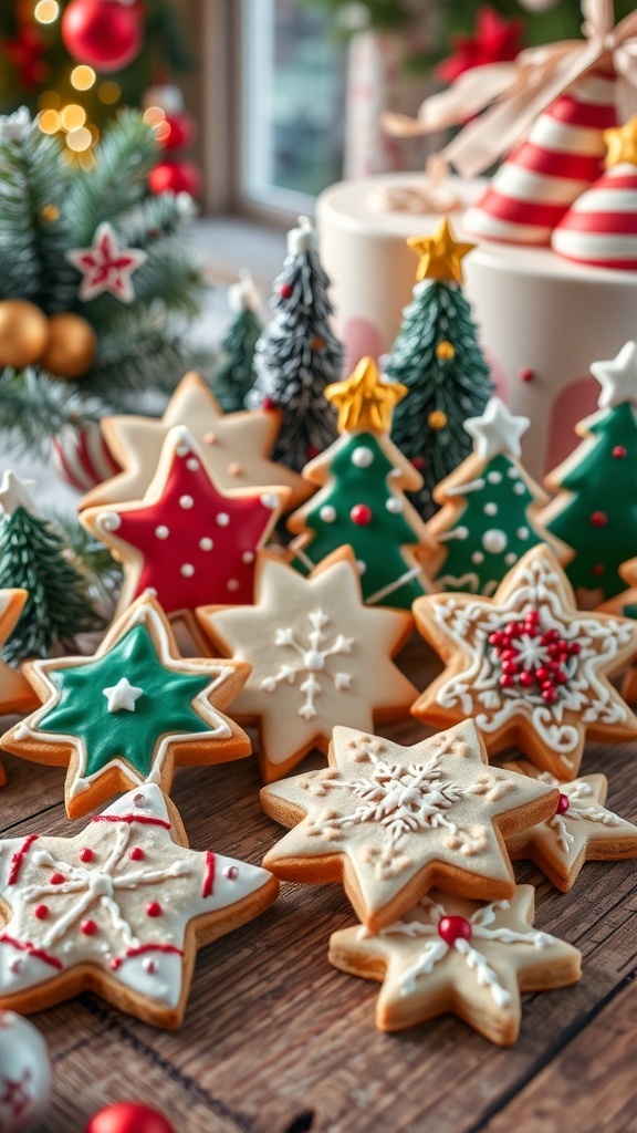 Decorated Christmas cut-out cookies in shapes of stars, trees, and snowflakes on a wooden table.